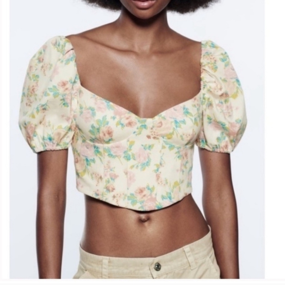NWOT WOMEN'S ZARA FLORAL PRINTED CORSET CROP TOP BALLOON SLEEVE SHIRT SZ M $50 - Picture 2 of 4